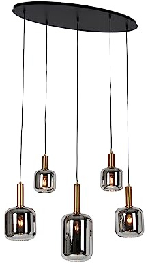 Qazqa - Modern Hängelampe I Pendellampe I Pendelleuchte schwarz mit Gold I Messing und Rauchglas oval 5-flammig – Zuzanna I Wohnzimmer I Schlafzimmer - Oval - LED geeignet E27