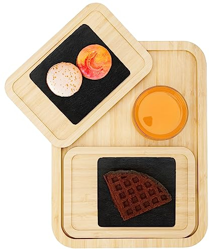 Belle Vous 3 Pezzi Vassoio Legno di Bambù - 1 Vassoio Grande e 2 Vassoi Piccoli - Set Vassoi Legno per Piatti, Bevande, Colazione/Cena e Altro Ancora - Vassoio Bamboo Ecocompatibili