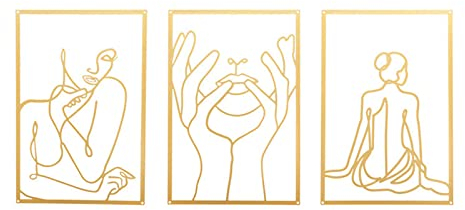 Hniuyun Metal Wall Art Decor, 3 Pcs Modern Minimalist Wall Decor Abstract Line Art Wall Decor Line Drawing Metal Wall Art Bedroom Decor Wall Sculptures for Home Hanging (Gold)