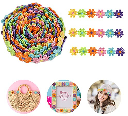 DOUSELLA 5 Yard 25mm Blumen Spitzenband Bunte Spitzenborte Blumen Spitze Zierband Stickerei Dekoband Gänseblümchen Borte Gänseblümchen Stoffband zum Nähen Blumen Spitzenbordüre für Hochzeit Handwerk