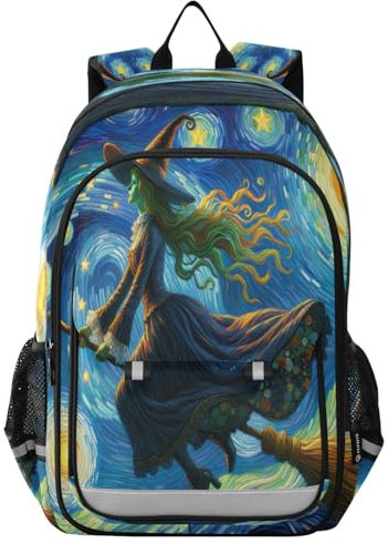 RPLIFE Cute Unicorn and Dino in Space Backpack Kid, Cool Baby Backpack for Girls, Little Kids Backpack Boys, Halloween Witch Flying on a Broomstick in Starry, One Size