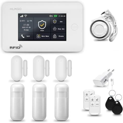 HUXGO® HXA006 Antifurto casa wireless WiFi + GSM 4G con sirena | Kit allarme casa senza fili: 3x rilevatori di movimento, 3x sensori di allarme per finestre/porte | Allarme Casa, Appartamento