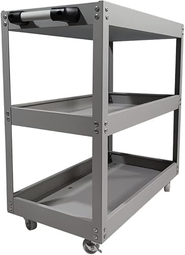 BLUEBRIT 3-Tier Steel Garage Trolley Workshop Cart Sturdy Tool Storage Solution for Your Mechanical Environment Ideal Tool Storage Solution for Your Garage and Mechanical Environment (Grey)