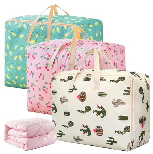 Vegena Lot de 3 grandes sacs de rangement - Sac de rangement en tissu Oxford pour couettes, garde-robe, organisation, déménagement - Sac de transport avec double fermeture éclair (60 * 50 * 28 cm)