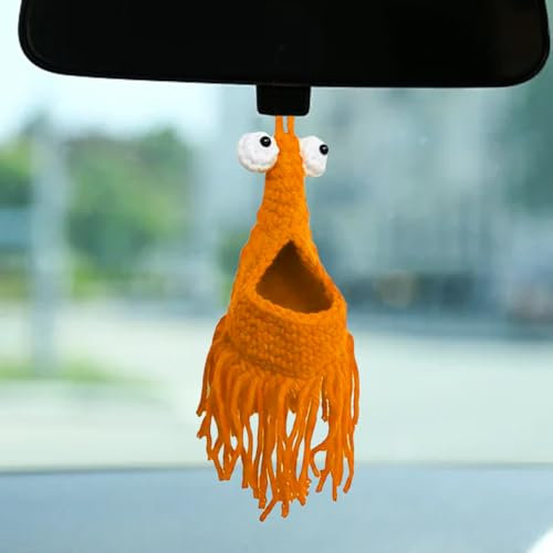 Crayfish Car Mirror Hanging Pendant, Handmade Knitted Crochet Car Hanging Plant Basket, Cute Car Rear View Mirror Ornament Charm, Car Interior Decoration Gifts for Women Men (Orange)