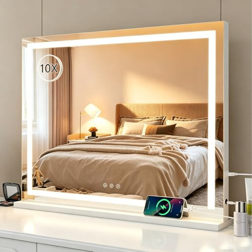Fullawtt Hollywood Schminkspiegel mit Beleuchtung, 80 X 65cm Großer Weiß | Schminkspiegel mit 3 Farbbeleuchtungsmodi, Touch Schalter, Vanity Spiegel mit Licht, 10-facher Vergrößerung