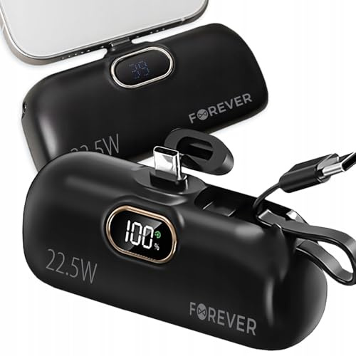 Forever PowerBank Mini USB-C Noir - 5000mAh Batterie Externe Charge Rapide mit Technologie Pass-Through - Batterie Externe Compacte et Légère pour Téléphone Portable - Mini Power Bank écran LED