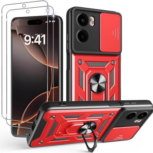 PIXFAB for Motorola Moto G17 / G15 Case with 2 x Screen Protector Tempered Glass, Shockproof Case with Camera Lens Protection, Protective Ring Armour Phone Cover [Kickstand] for Moto G17 / G15 - Red