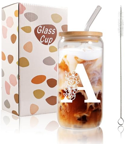 Bliceon A-Z Initial Personalised Birthday Gifts for Women, 500ml Iced Coffee Glass Cups for Mum, Friends and Sisters, Men, Dad, Iced Coffee Cup Gift with Lids and Straws (A)
