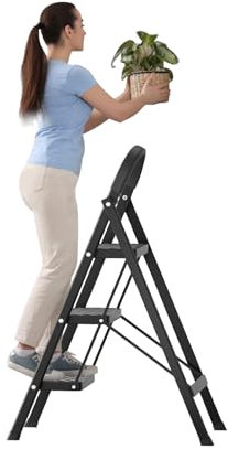 3 Step Ladder, Folding Step Stool with Anti-Slip Wide Pedals, Multi-Purpose Collapsible Ladder for Home and RV, Heavy Duty Step Ladder for Indoor and Outdoor Use, Supports Up to 330 lbs (Black)