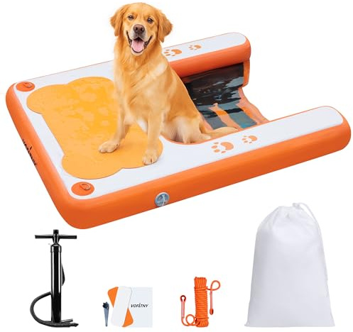 VOFiTNY Poolrampe für Hunde bis zu 90,7 kg, 2025 neue Hundeboot-Rampen mit rutschfestem EVA-Pad & gewichteter Leiter, Welpenstufen für Pool/Boot/Dock/Meer, orangefarbenes Doggie Dock mit Handpumpe
