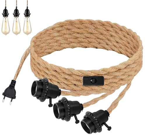 GOEDCH Lampada a sospensione in corda di canapa: attacco E27 con spina, lampada a sospensione vintage a 3 luci, portalampada a 3 fiamme con cavo da 6,8 m con interruttore, corda di canapa a
