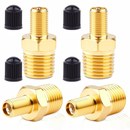 4 Pcs Brass Tire Inflator Adapters - 1/4 NPT Male to Schrader/Presta Valve Connector, Universal Air Chuck for Car Bike Tires, Portable Air Compressor Hose Accessories (Dual Valve Compatible)