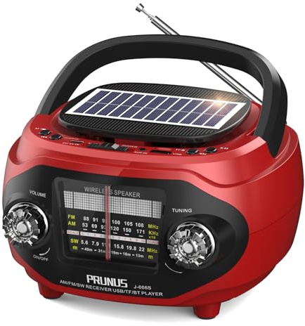 PRUNUS J-666 SW/AM/FM Radio Vintage Retro, Poste Radio Portable Rechargeable avec 1800mAh, Radios Bluetooth 6.0, Panneau Solaire et Port de Charge USB-C, Compatibilité USB/AUX/TF