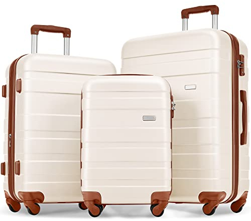 Merax 3-teiliges Set aus ABS-Spinner-Koffern, Handgepäckkoffer, Zahlenschloss, Elfenbein und Braun