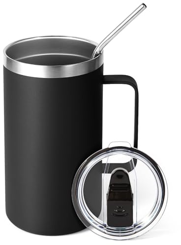 Volhoply 650ml (22oz) Insulated Coffee Mug with Lid and Straw, Stainless Steel Travel Mugs with Handle, Leak Proof Double Wall Coffee Cup for Hot and Cold Drinks (Black,1 Pack)