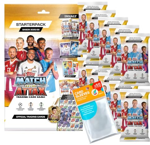 Bundle mit Match Attax Champions League Trading Cards - 1 Starter + 10 Booster + Exklusive Collect-it Hüllen (2025/26)