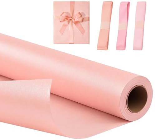 Eldvinur Pink Matte Wrapping Paper 43cm X 10 m, Reversible Pearly-Lustre Gift Wrap Paper With Silky Satin Ribbon, Pink Gift Wrapping Paper Set,Wedding,Valentine's Day,Birthday,Handmade Crafts for girl