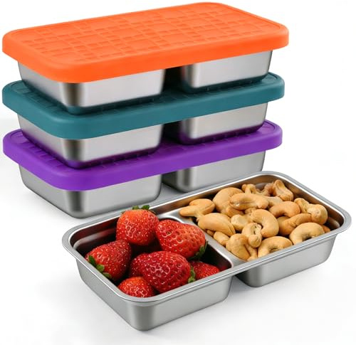 Jrisbo 3-Stück Snackbehälter mit Doppelfächern, Edelstahl Lebensmittelbehälter, 20,3x10,9x4,1cm, Auslaufsichere Deckel, für Reisen und Camping, Rosa Blau Grün (Orange, Grau, Grün)