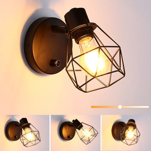 Lampop Wall Lights with Switch Dimmable E27 Adjustable 360°/90° Cage Shade | Black Wall Lights for Bedrooms, Living Room, Hallway Rustic Wall Lamp Indoor,1 Pack