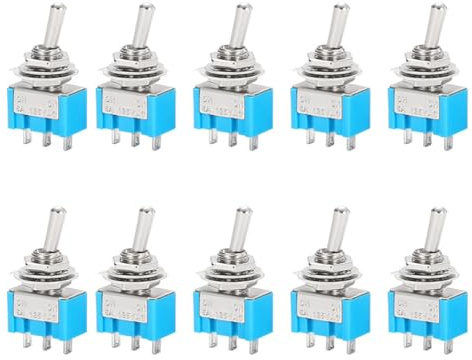 Lot de 10 Mini Interrupteur à Bascule MTS-102 Bleu 3 Broches 2 Positions ON-ON SPDT, Commutateur Levier 125V-250V 2A-5A pour Tableau de Bord Voiture Bateau et Bricolage Électronique Domestique