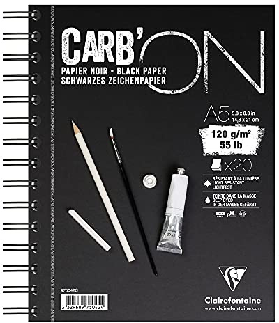 Clairefontaine 975042C blocco Spiralé Carb'ON - 20 fogli carta da disegno Nera A5 14,8x21 cm 120g - Ideale per il Disegno e lo Schizzo a matita o Marker Bianco