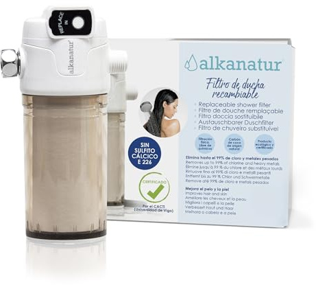 Filtro Agua para Ducha y Baño 50.000 L Recambiable para el Pelo y Piel Sistema de Filtración Elimina el Exceso de Cal y Cloro Libre De Sulfito Cálcico E226 Shower Head Filter ALKANATUR