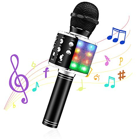 Microphone Karaoke sans Fil, Micro 4 en 1 Karaoké Bluetooth Portable, LED Home Party Haut-Parleur pour Enfants/Adultes Chanter, Compatible avec Android/iOS/PC/Smartphone (Noir)