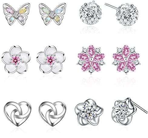 Silver Stud Earrings for Women,S925 Sterling Silver Stud Earrings Cute Deer Butterfly Heart Silver Studs Cubic Zirconia Hypoallergenic Silver Earrings,Sterling Silver Earrings Stud Sets