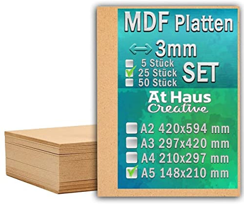 AtHaus Set di 25 pannelli in legno MDF A5-210 x 148 mm, spessore 3 mm, per fai da te, dipingere, modellazione, incisione, perfetti per laser, router CNC