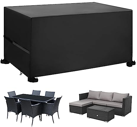 Callni Copertura Tavolo Esterno, Impermeabile 420D Oxford Tessuto con Clip Antivento, Copertura Mobili Da Giardino per Tavoli e Sedie da Cortile Quadrato Arredo Rettangolare 150 x 90 x 75cm