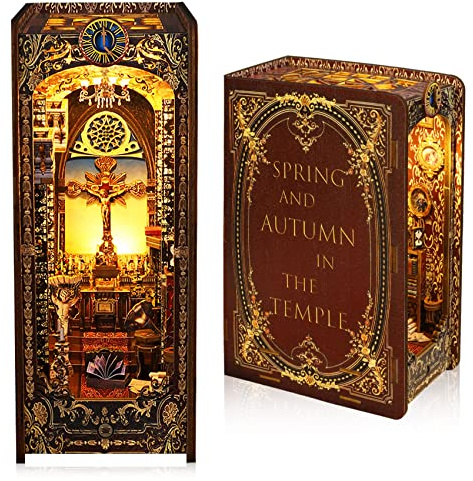 Sujetalibros Kit de esquina libro DIY - Escena de la iglesia católica LED de madera 3D - Puzzle en miniatura inmersivo para adultos y adolescentes - Regalo para amantes de los libros