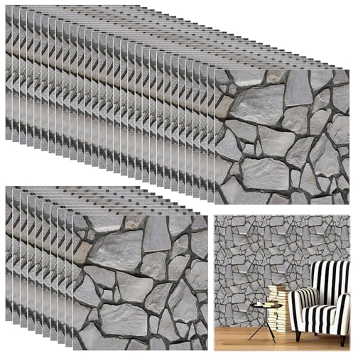 XMSZQU 40 Stück Tapete Wandverkleidung Steinoptik, 30×30 cm Wasserdichte PVC Steintapete, 3D Wandpaneele Steinoptik Selbstklebend, Wandpaneele für Wandtür Schlafzimmer Küche