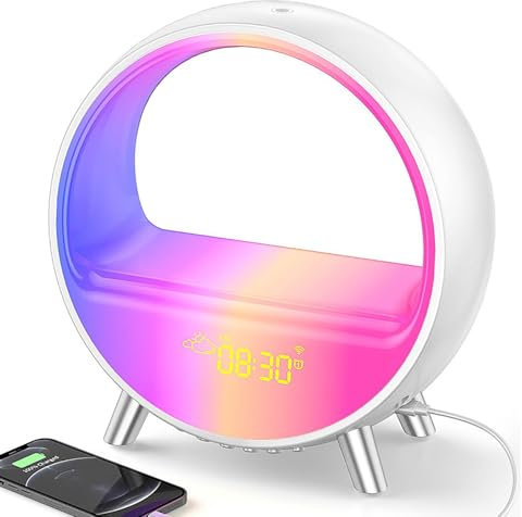 GCBKOPY Sunrise Alarm Clock Wake Up Light con Simulación De Amanecer, Alarma Dual, Multi-Luces Nocturnas y Sonidos, Máquina De Sonido con Altavoz Bluetooth para Durmientes Pesados