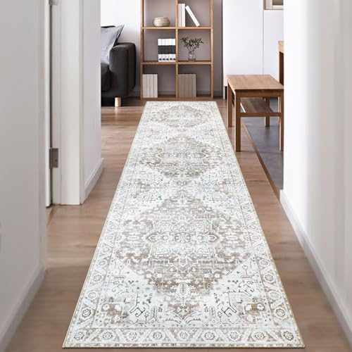 Famibay Tapis de couloir, antidérapant, 60 x 300 cm, extra long, lavable, beige, marron, vintage, pour cuisine, couloir, entrée, chambre, buanderie