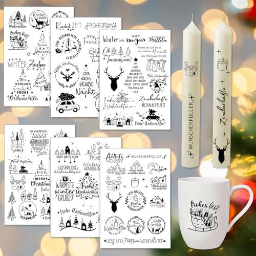 Rub on Sticker Weihnachten,6 Stück A5 Rub ons Weihnachten Wassertransferaufkleber für weihnachten kerzentattoos Glas Keramik Möbel Keramik Deko (black)