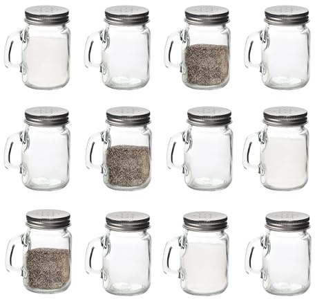 Chabrias Ltd 12 Pack Salt and Pepper Shaker Set Glass Mason Jars with Handles & Silver Lids 4oz Capacity, Jars Only Easy Refill, Farmhouse Style, Salt & Pepper Shakers, Salt & Pepper Pots
