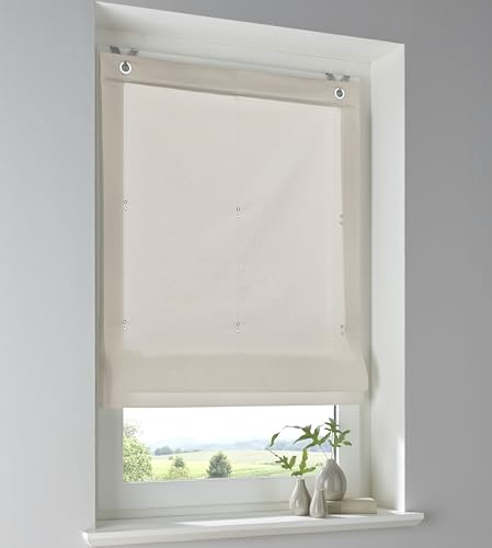 Raffrollo Stig aus 100% Baumwolle in Natur einfarbig, Blickdicht, Montage ohne Bohren, mit Fensterhaken, Breite 45 x Höhe 140 cm