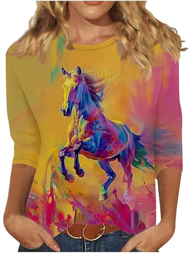 Horses Lover Shirt for Women Horse Racing Tops Tshirt Funny 3/4 Sleeve T-Shirt Casual Animal Graphic Tees (#13 Multicolor,X-Large)
