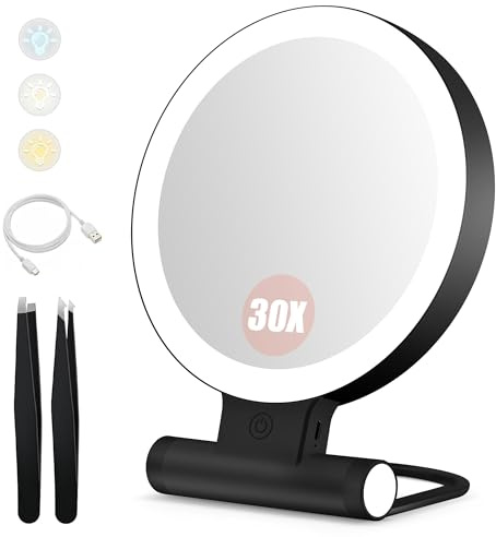 B Beauty Planet Kosmetikspiegel mit Beleuchtung, 30 fache/1-fach Doppelseitige Tischspiegel,3 Farblichter, DimmbarerSchminkspiegel,Reisen Kosmetik Spiegel mit Beleuchtung