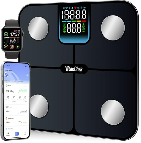 VitaeChek Brio 1 Balance Connectée Impédancemètre Bluetooth 5.0 Fréquence Cardiaque | 25 Paramètres IMC Masse Grasse Viscérale | Précision 0,05kg | App Gratuite | 24 Utilisateurs | Garantie 24 Mois