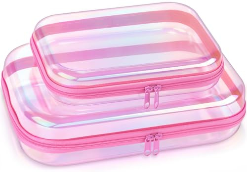 YSHXNX Clear Hard Shell Zipper Organizer Cases, 2 Pack, Iridescent | Water-resistant, crush-resistant PET shell protects toiletries, cosmetics, electronics, toys & baby items for travel and home
