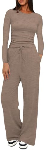 rismart Donna 2 Pezzi Abbigliamento Casa Maglie Maniche Lunghe Pantaloni con Elastico in Vita e Gamba Dritta Tuta Ginnastica, Kaki, XL
