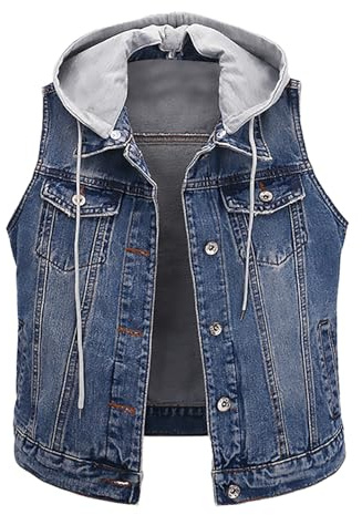 MJGkhiy Gilet Jeans Donna Corto Elegante Strappati Giubbino Jean Smanicato Casual Moda Senza Maniche Giacche con Cappuccio Curvy Button Up Denim Jacket Primavera Autunno
