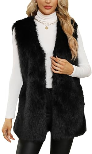 Maeau - Veste Femme Sans Manches Fausse Fourrure Col V avec Poches Chaud Hiver Gilet Manteau Élégance Doux L Noir