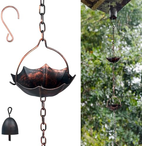 Alyoen Cadenas de lluvia ajustables para Gutters, cadenas de lluvia de 12,5 pies con 12 copas, cadena con forma de paraguas con campana para drenaje, reemplazo para descenso