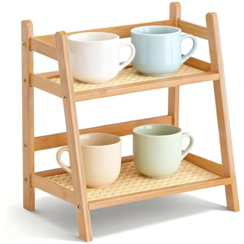 TFLPUO Tassenregal, 2 Tiers Bambus Küchen Organizer Tassenständer Tassenhalter Matcha Station Tee Organizer Kaffeetassenregal für Küche Büro Zuhause Arbeitsplatte