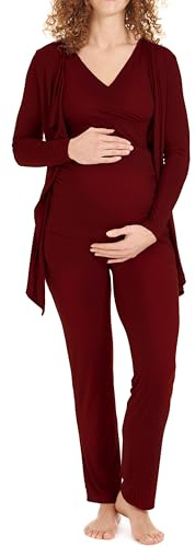 Hjärtmor amningspyjamas-set – 3 delar – mammapyjamas för kvinnor – graviditetsveckosäng – byxtopp kofta – 8100, Mörkröd, M