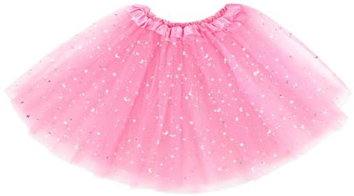 AYBUY Tutu Elastico Tul 30 CM de Longitud para niña, Faldas de Baile de Ballet de Tul 3 Capas, NiñA Estrella Lentejuelas Fiesta Baile Ballet Tutú Falda para Danza Rendimiento Fiesta, Carnaval, Rosa