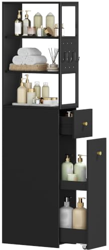 Hzuaneri Badezimmschrank hoch, Nischenschrank, Schubl. auf Rollen | Badschrank schmal, 3 offenen Regalebrett-Ebenen, Hochschrank, Seitenschrank, 40 x 20 x 140 cm, Schwarz, BC32006B